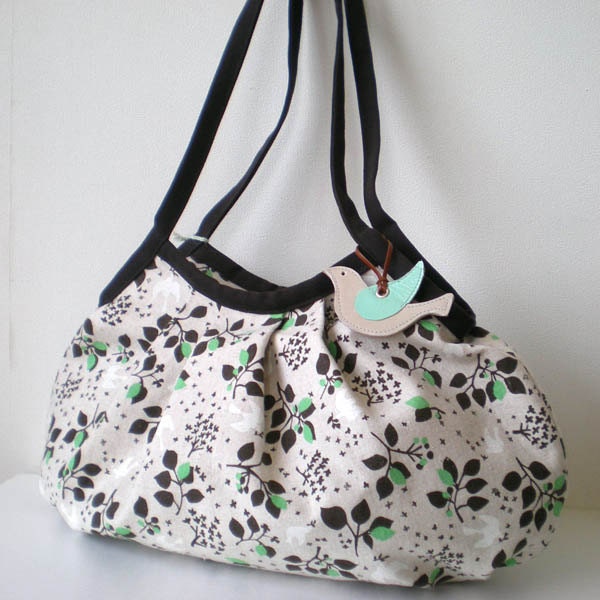 Zippered large Granny Bag with a bird leather charm, Leaves and bird Green