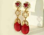 Vintage Haskell Earrings Chandelier Amber & Rhinestone Pendant Drops
