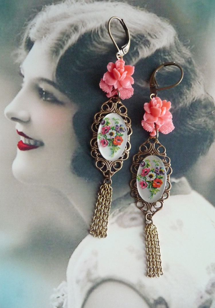 Chloe Earrings - Vintage Floral Cabochons - Japanese Flower Cabs - Chains - Coral - Brass - Filigrees (SD0265)