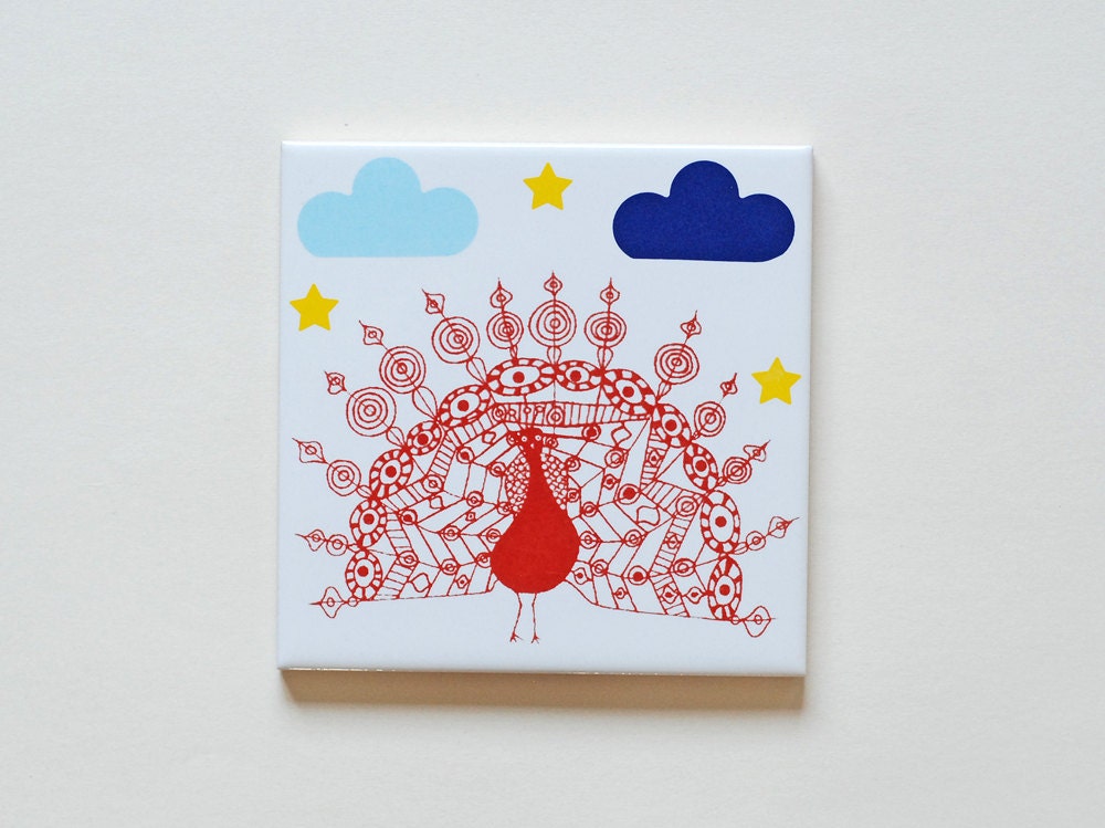 SALE Small screenprinted tile/coaster starry night peacock
