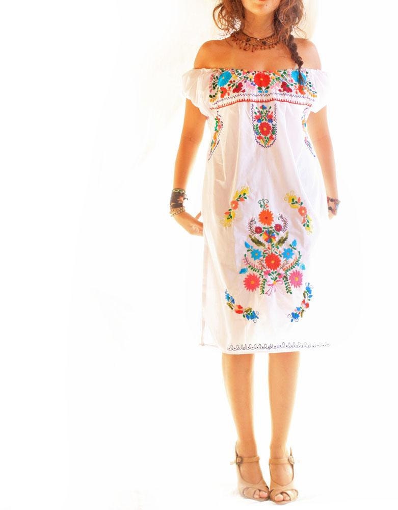Nubes colorful off shoulder Mexican embroidered dress