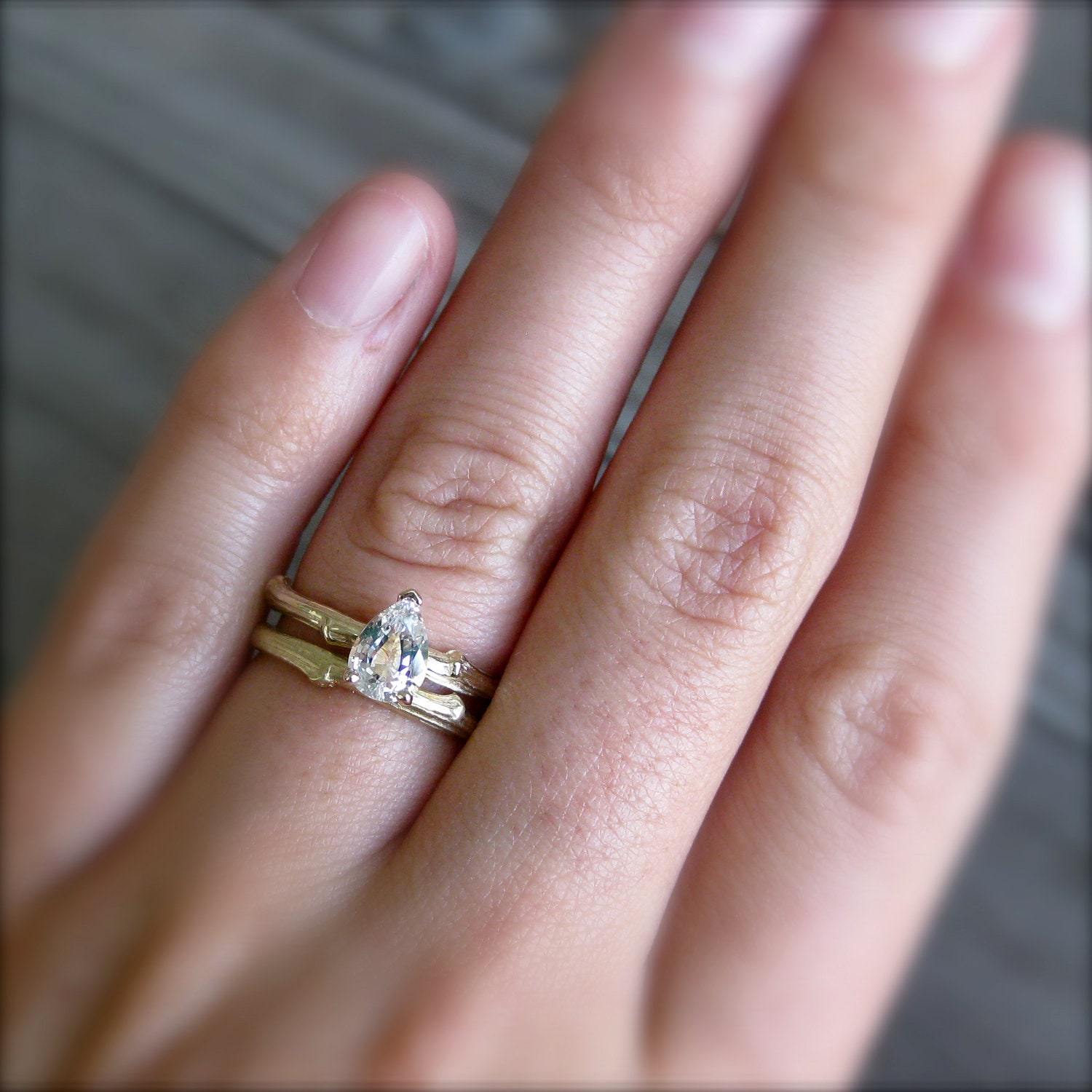 Pear White Sapphire Twig Ring in White or Yellow Gold