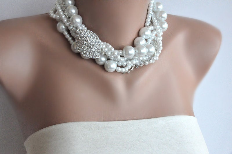 Glass pearl rhinestone brooch bridal necklace