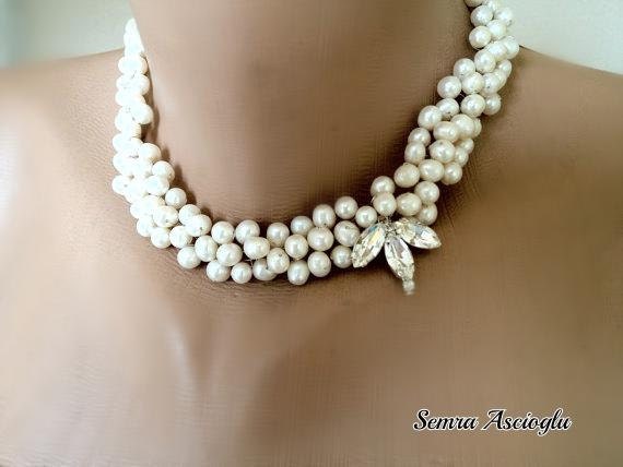 Freshwater Pearls  Brides  Bib Necklace with Crystal flower