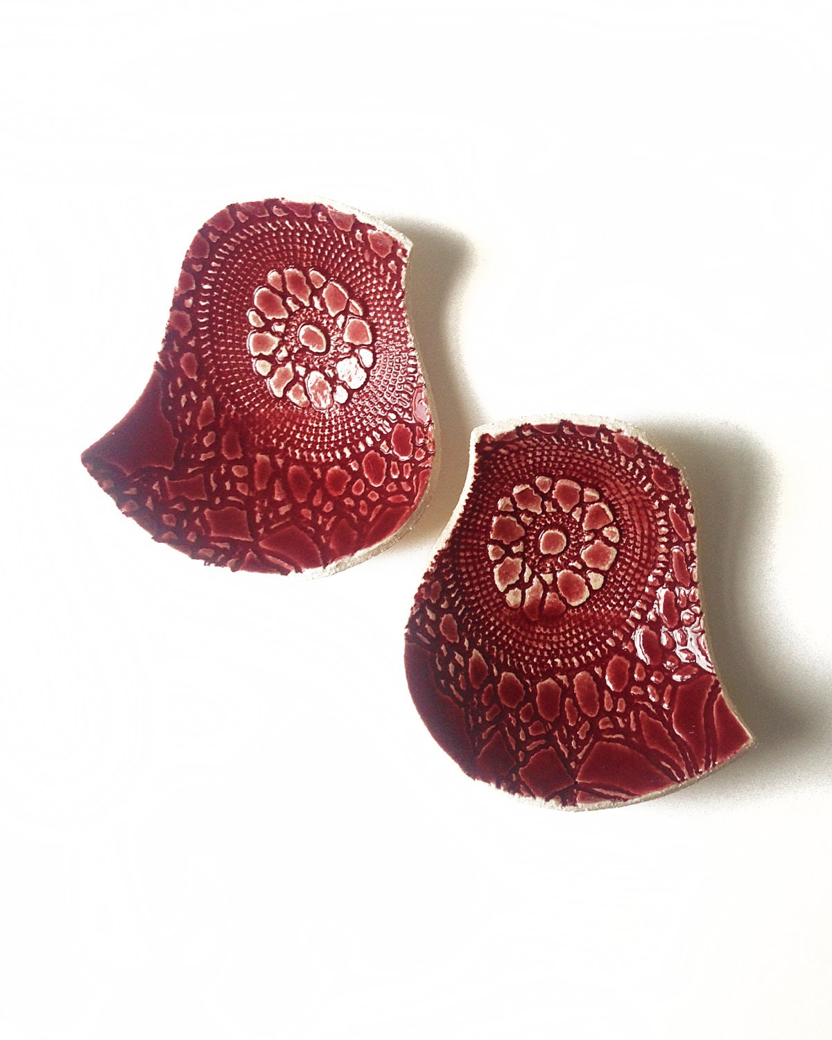 Pottery Love Bird Bowls Mid Century Modern Red Stoneware Ceramic Lace Design Wedding Anniversary Housewarming Wedding ceremony ring bearer