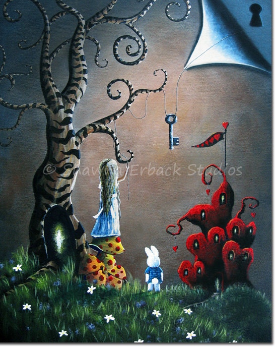 Alice In Wonderland art print by ERBACK fantasy fairy tale key queen of hearts castle whimsy tree White Rabbit