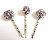 Pink Crystal Bobby Pins, Pink Rose Silver Bobby Pins, Pink Rhinestone Hair Accessories, Stocking Stuffer