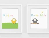 Bonjour and Bonne Nuit - 8 x 10 nursery wall art print - children's wall art, nursery decor, kids room, playroom, baby room