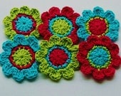 Crochet Flower Motifs x 6 in Hot Pink, Lime, Turquoise
