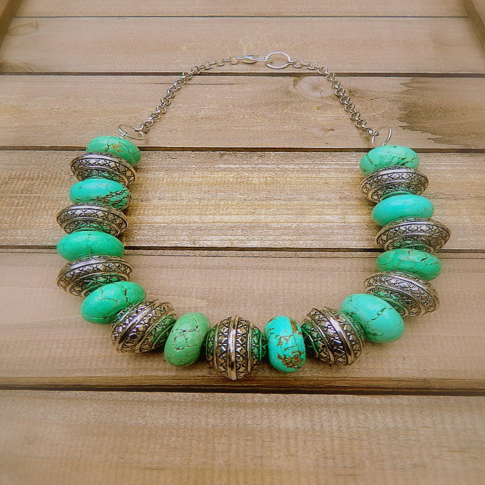 Navajo Warrior, Western Cowgirl Southwestern Turquoise & Tibetan Silver Stone Necklace