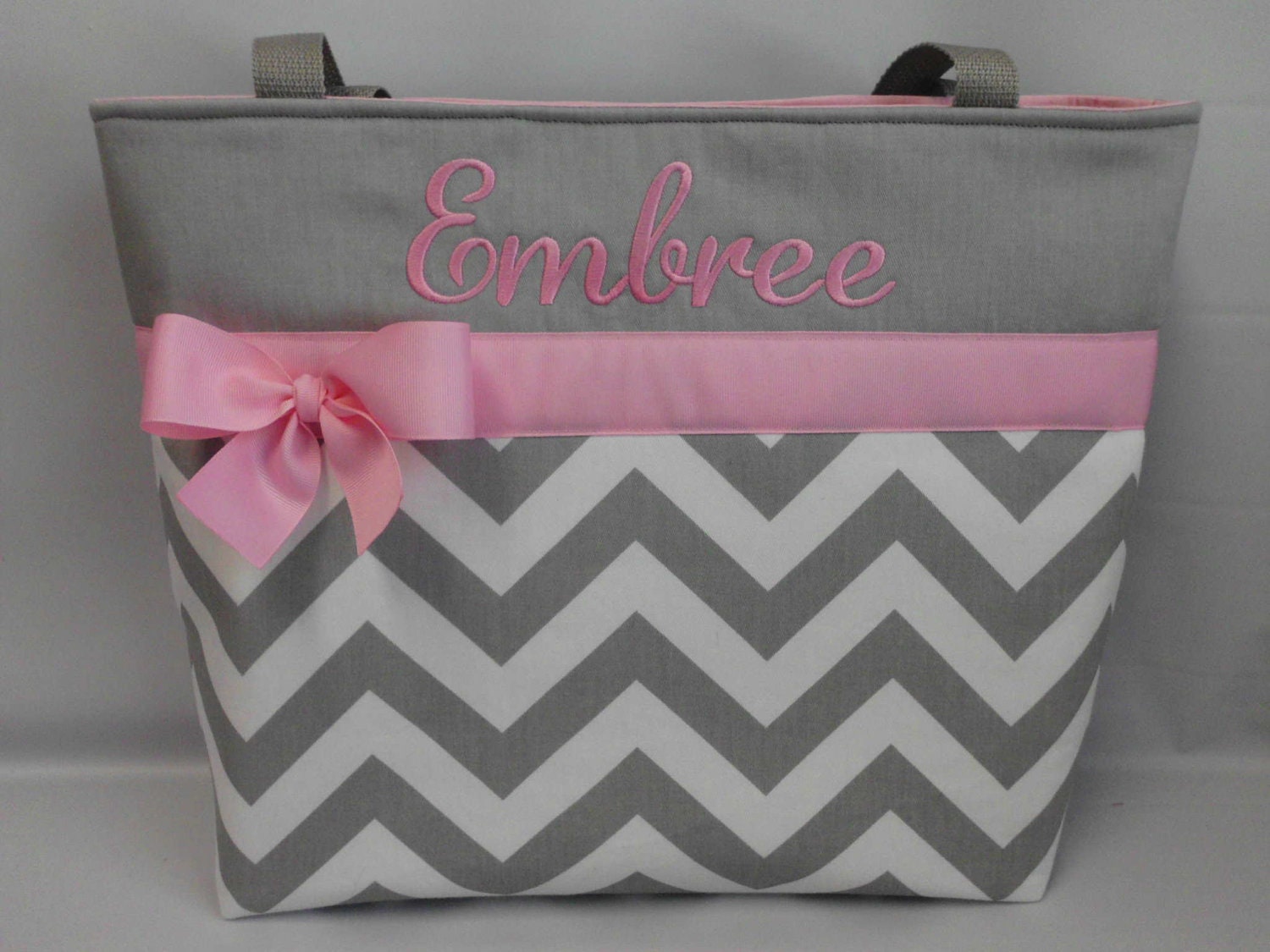 NEW ....CHEVRON  in Gray .. .. PINK Accents  ...   Diaper Bag ... Monogrammed  FReE