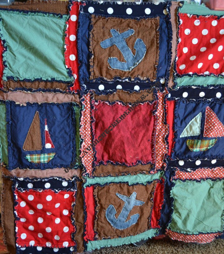RAG QUILT, Applique Boat, Baby Boy Blanket, Custom, Blue, red, Brown, Vintage,  Made to Order