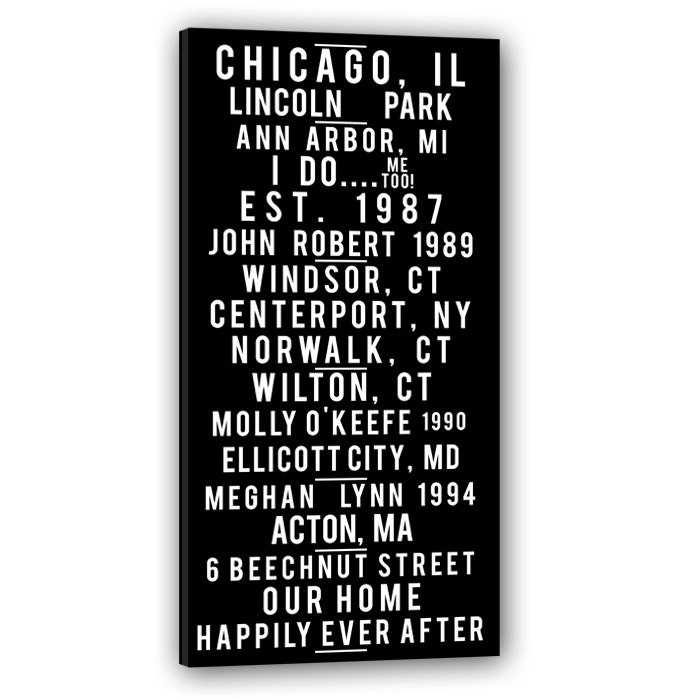Wedding Subway Sign Black Bus Roll Tram customize your stops and colors Personalized Vintage Style Art Canvas 30X40