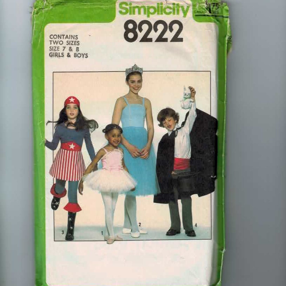 1970s Vintage Sewing Pattern Simplicity 6222 Boy Girl Kids Costume Ballerina Wonder Woman Magician SIze 7 8 Breast Chest 26 27 1977 70s