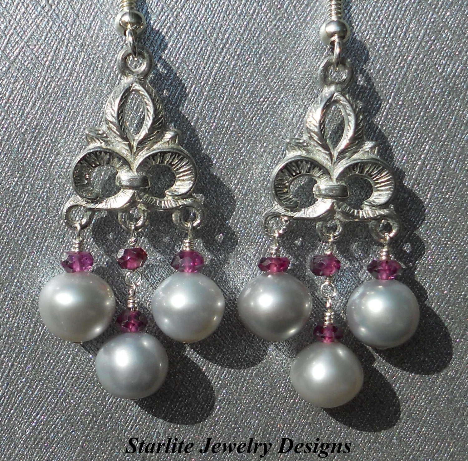Pearl Chandelier Earrings - Vintage Fleur de Lis Earrings - Accented with Pink Rhodolite Garnets - Bridesmaids Earrings