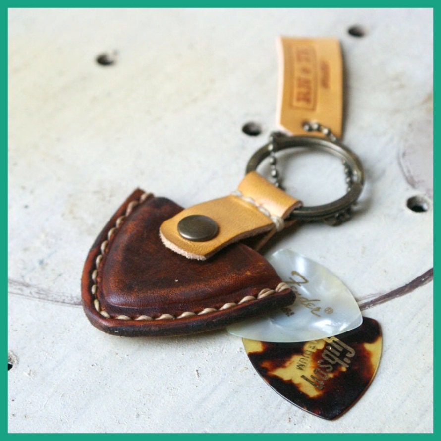 Mens Keychain Vintage style Guitar Pick Case leather Personalized Stamped Custom Initials Groomsmen Boyfriend Anniversary Valentines Gift