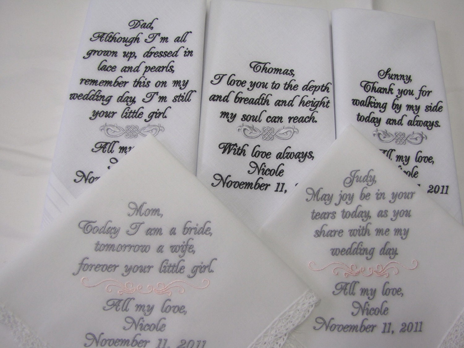 Five Custom Embroidered  Wedding Handkerchiefs