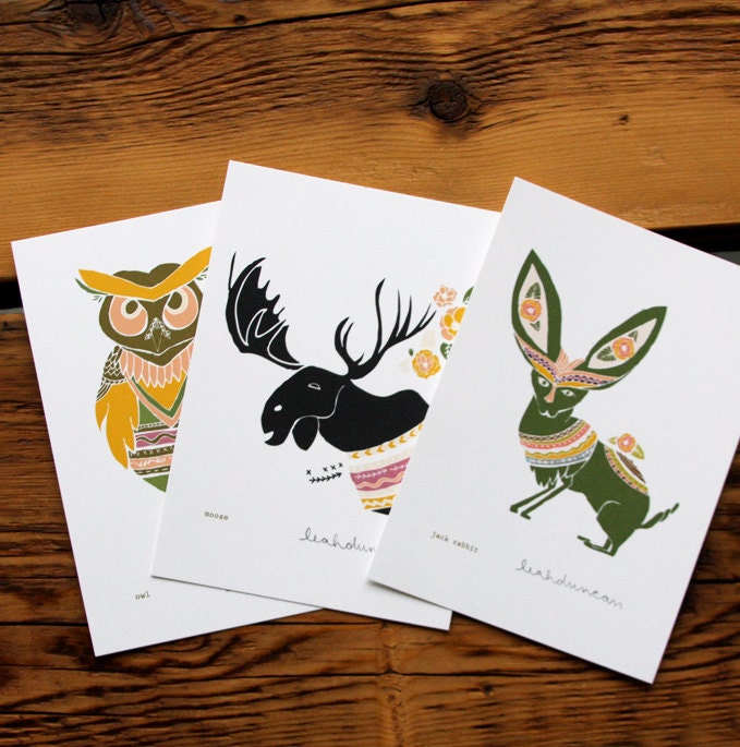 3 Print Set - Moose, Jack Rabbit, Owl 5 x 7