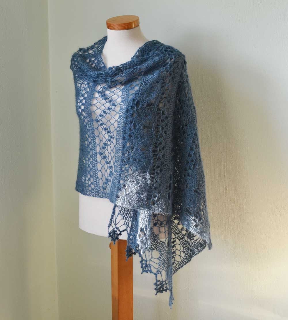 Lace crochet shawl steal blue  H777