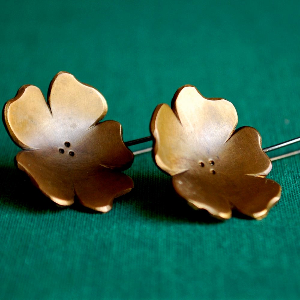 Brass Hibiscus Earrings, Handmade Artisan Jewelry