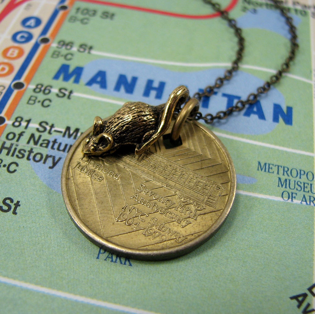 NYC Anniversary subway token necklace with rat charm