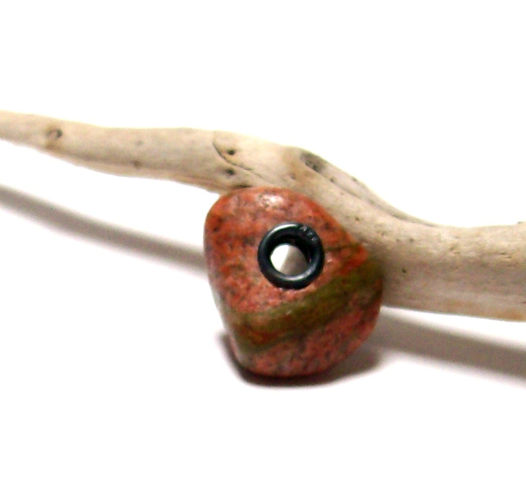 Riveted Beach Stone Jewelry Bead - Natural Raw Unakite Wheel, Drilled Troll, Biagi, River Pebble - "Pandora" by StoneMe