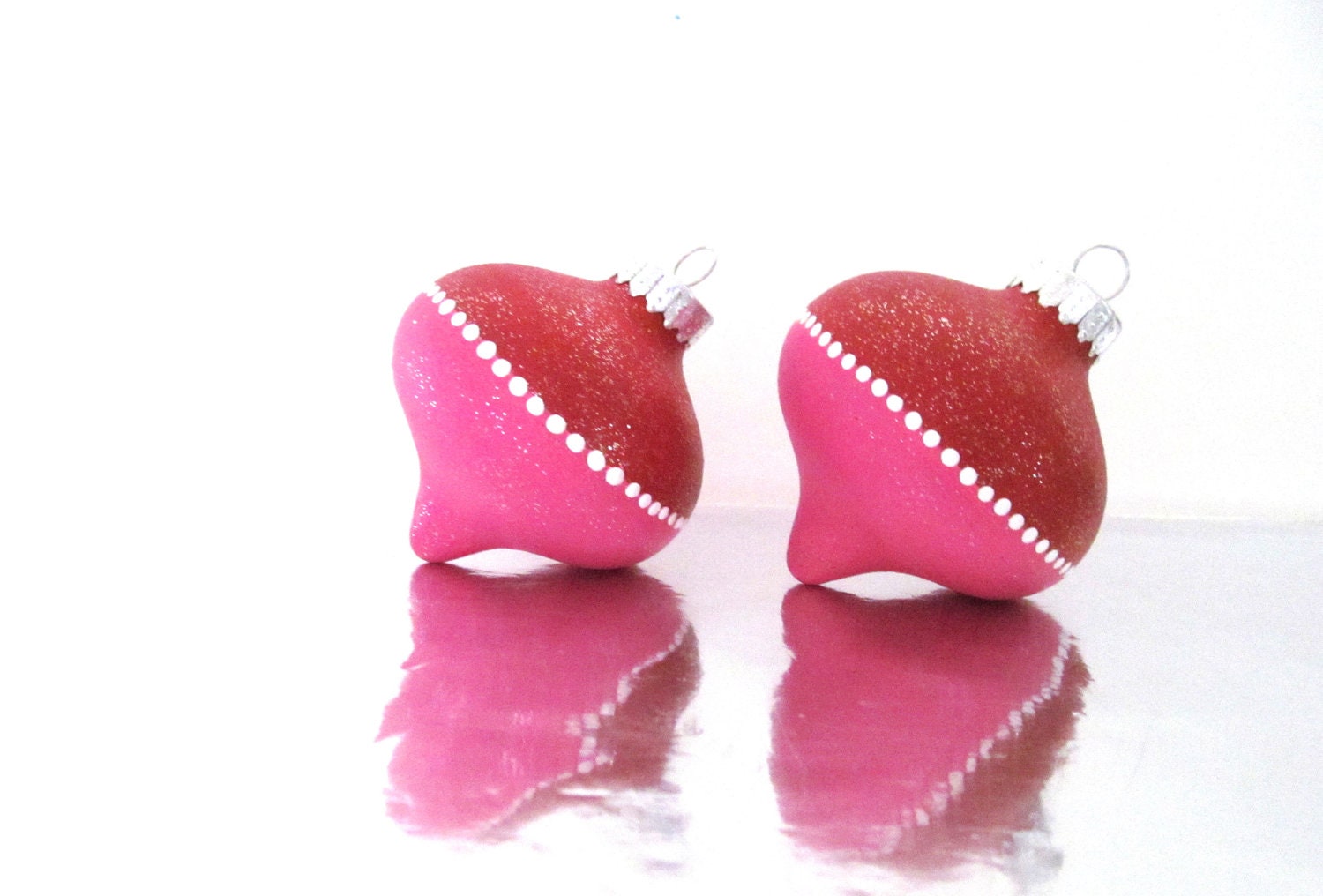 Christmas Ornments Hot pink and Red Christmas Tree Ornaments Two Hand painted Glass Ornaments