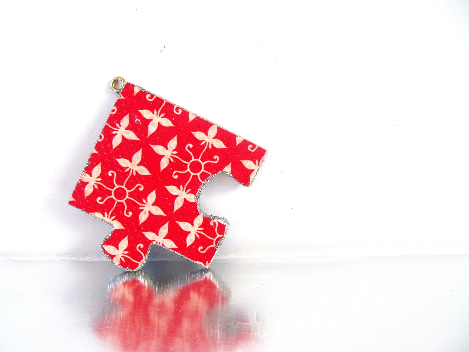 Red and White and Black  Decoupage Up-cycle Puzzle Piece Ornaments Can be Personalized.