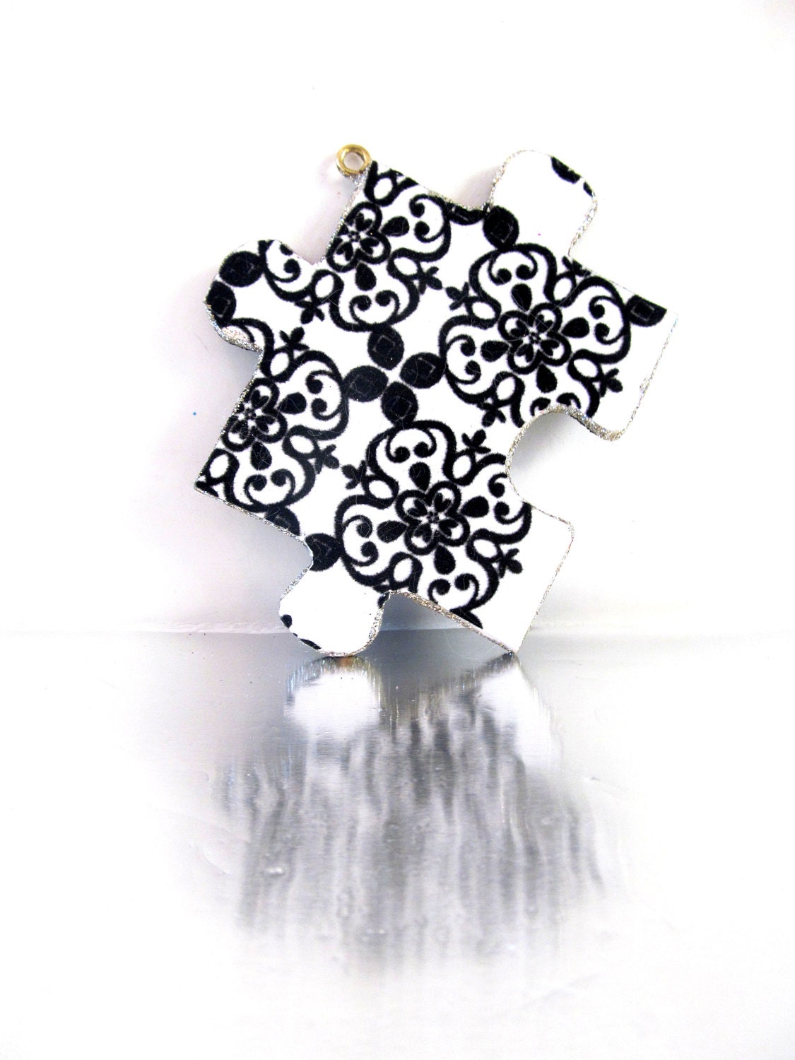 White and Black  Decoupage Up-cycle Puzzle Piece Ornaments Can be Personalized.