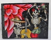 Black LEATHER Bifold WALLET Day of the Dead Dia De Los Muertos SKELETON Guitar Maracas
