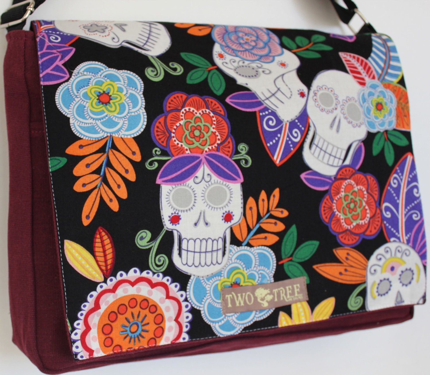 Black and Burgundy Day Of The Dead Sugar Skulls MESSENGER Book Laptop Diaper BAG