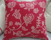 FRencH CoTTage Embroidered 18" Pillow PaRiS Woven Fabric Flowers SHaBBy ChiC Raspberry Red Flower DesiGN