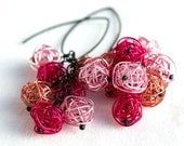 wire wrapped jewelry Earrings rose, magenta, copper handmade wire Balls on Matte Black Plated Metal Earring Hooks, very lightweight