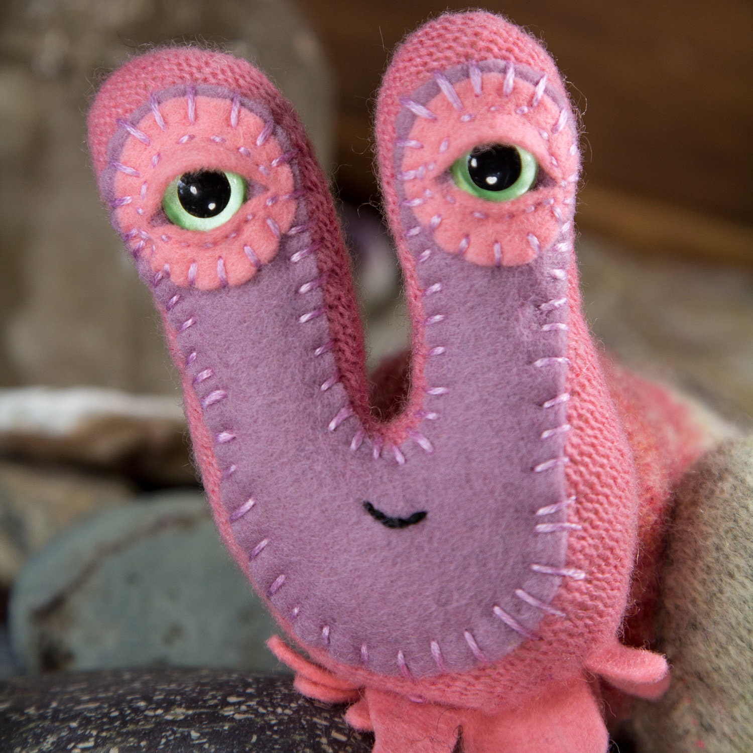 Bubblegum Pinkie Hermit Crab plush in pink cashmere and pink and gray speckled lambswool