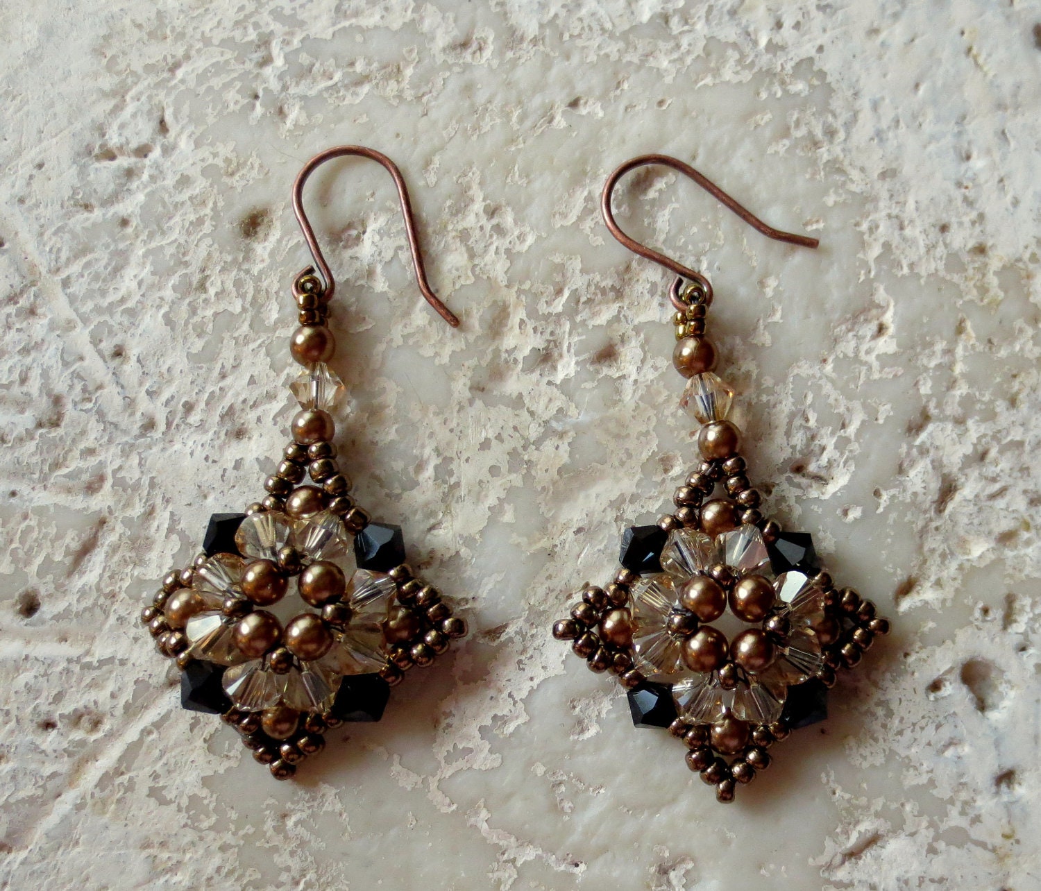 Bronze and Black Swarovski Crystal and Pearl Square Motif Earrings