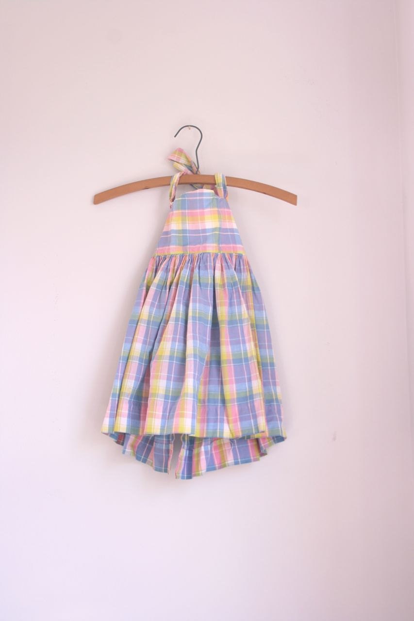 Vintage girls halter dress in pastel plaid 2/3T