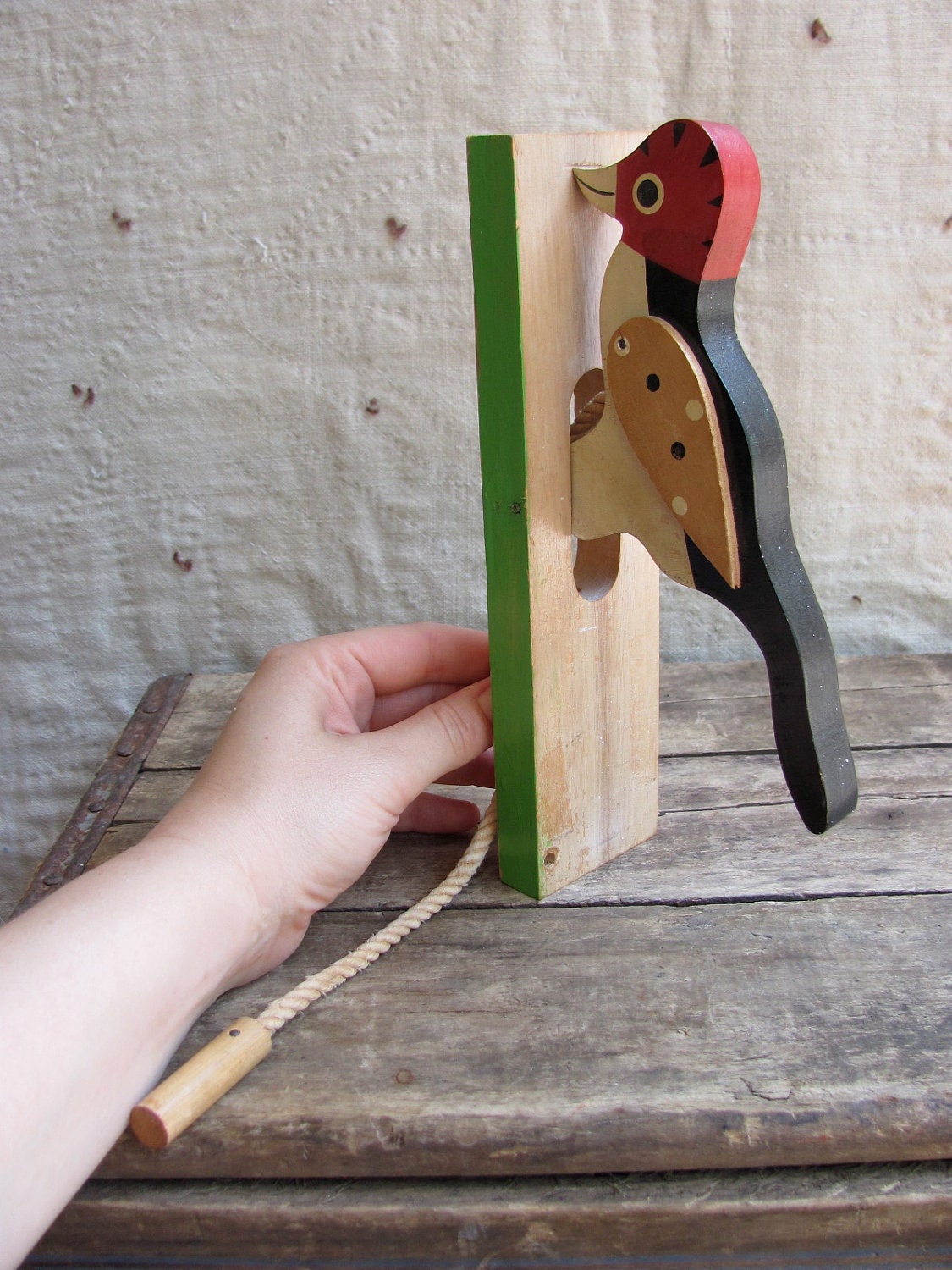 SALE // vintage c. 1960s woodpecker door knocker // painted wood // folk art