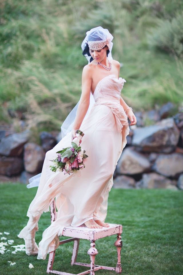 Before Sunrise- Royal Blush Wedding Gown  Bohemian full train flowers pearls