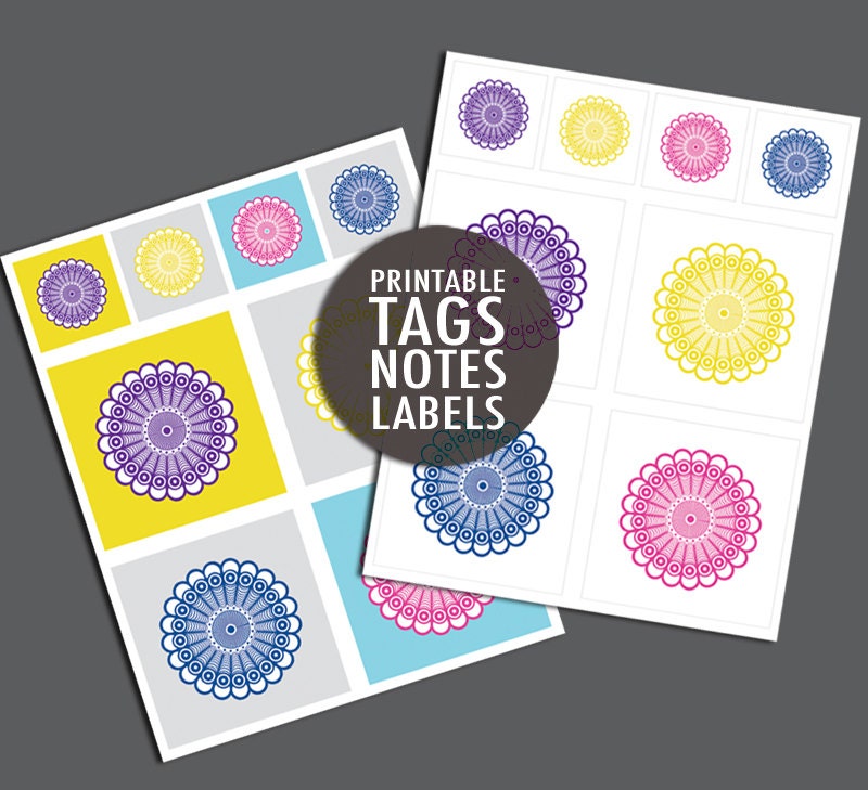 TAGS - Circle Flower Pattern - Printable D.I.Y - 2 Pages - Different Color Combinations