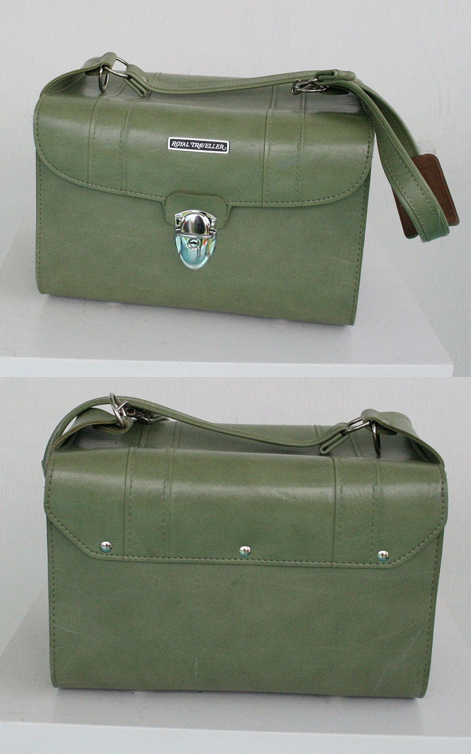 UPCYCLED Asparagus Green VINTAGE Camera Bag or Train Case w Dandelions and Seedlings