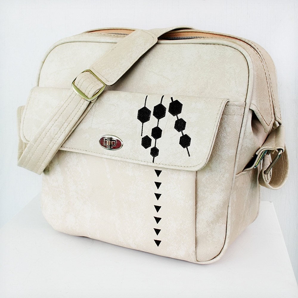 Geometric Patterned Off White Cream Marbled VINTAGE Messenger Bag Luggage