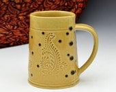 Handmade Mug Coffee Mug Tea cup Paisley Dot Texture with buttons in Honey Gold yellow glaze hand made stoneware pottery by Charan Sachar