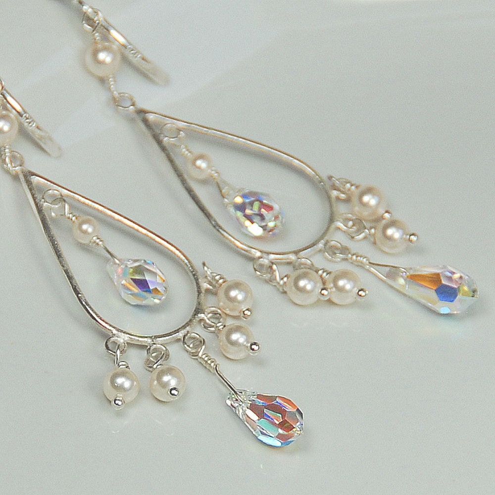 Chandelier Earrings, Long Dangle Earrings, Wedding Earrings - Swarovski Crystals, Pearls in Sterling Silver - The Ice Palace Earrings
