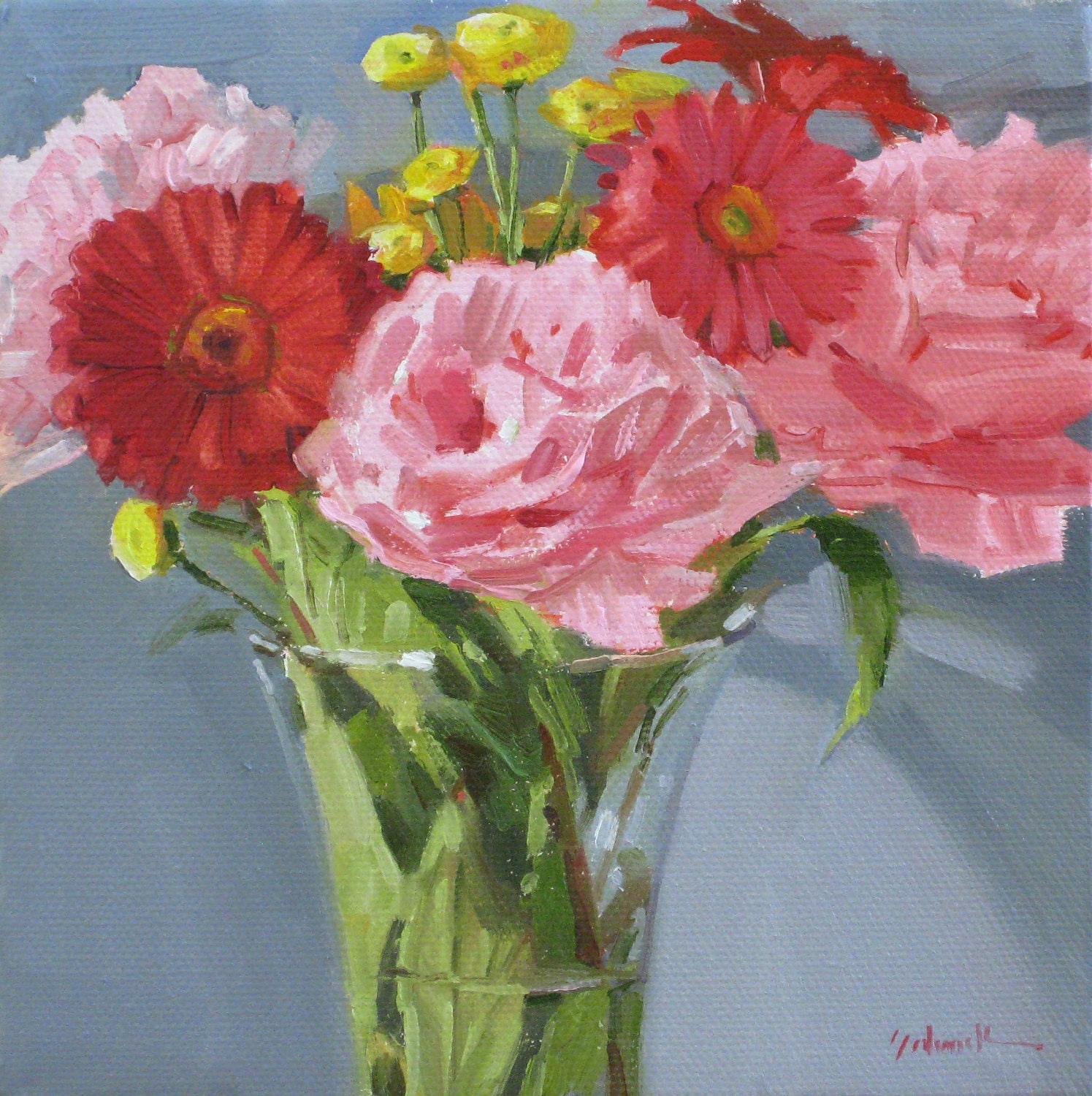 Framed art original painting "Pink Peonies" oil on canvas by Sarah Sedwick 6x6in