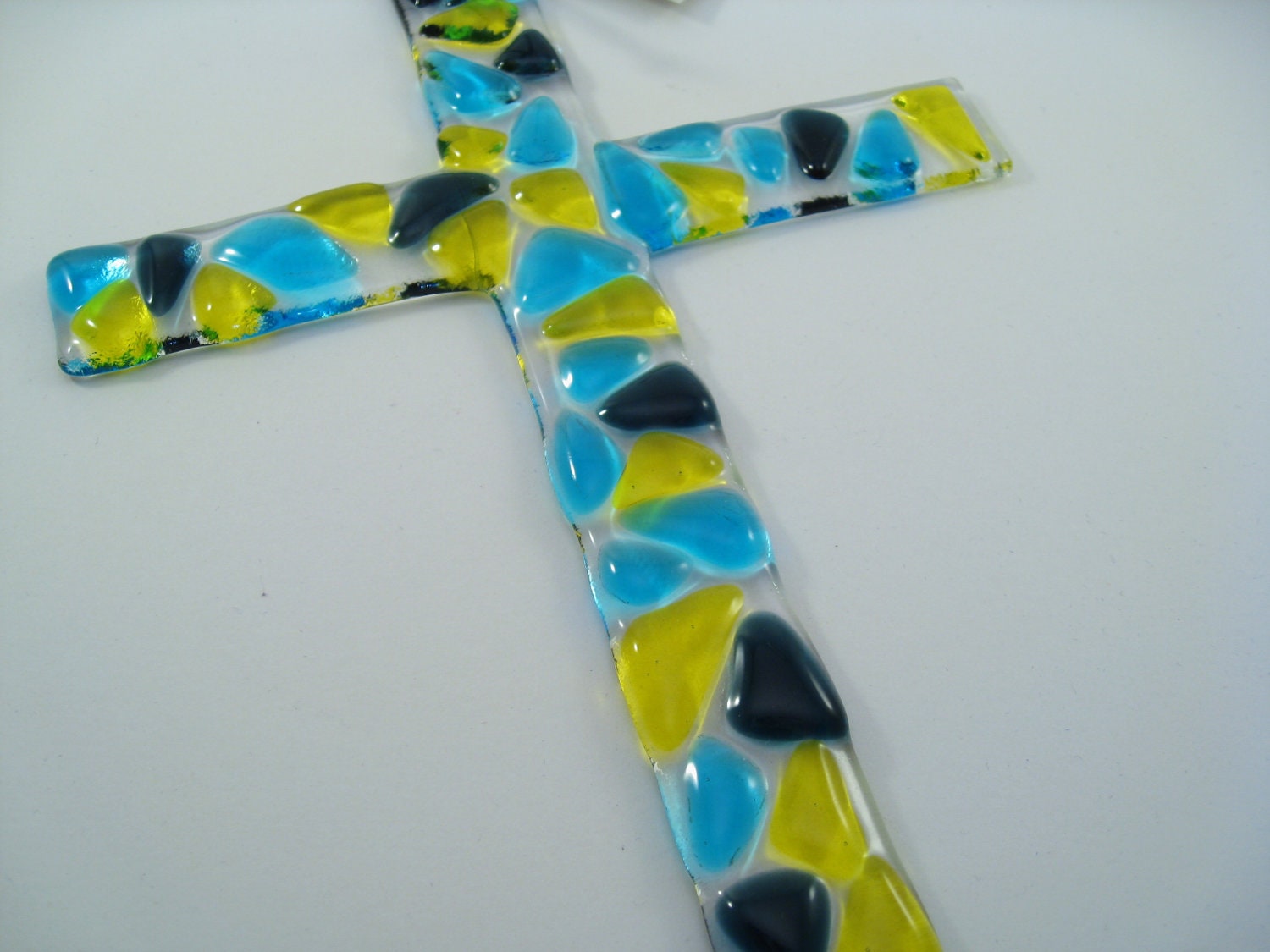Cross Fused Glass Wall Decor Window Suncatcher Yellow Turquoise Steel Blue