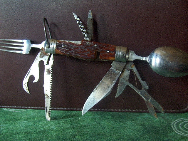 Antique Army Knife Swiss Style Survival Knife Eleven 11 Tools Stag Horn Insets with Leather Case