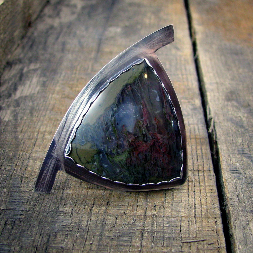OOAK Sterling Silver Cocktail Ring - Hammerhead with Priday Plume Agate