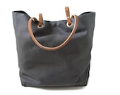 Dark Gray Tote Bag, Gray Linen Tote with Leather Handles, Beach Bag, Market Tote, Women