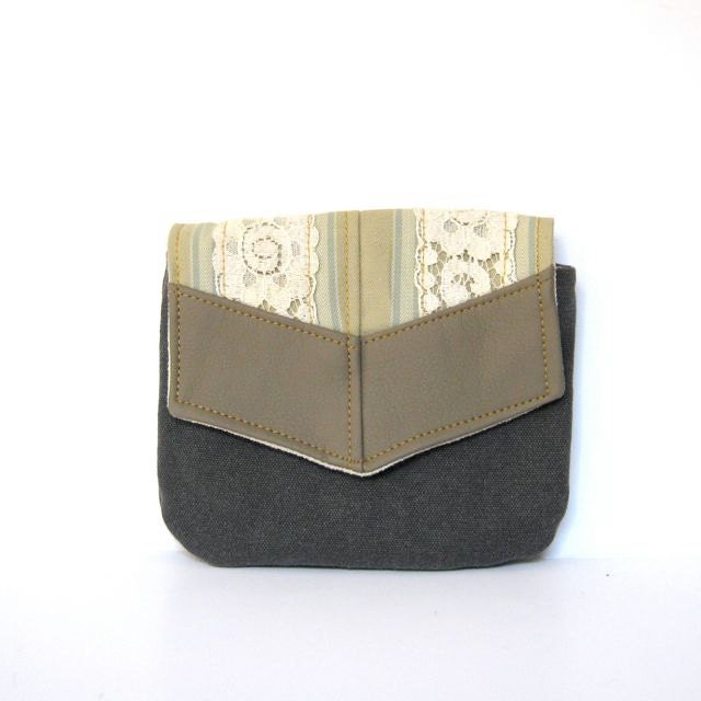 travel clutch // distressed navy canvas - striped canvas - vintage lace - gray vegan leather  - makeup bag with mirror