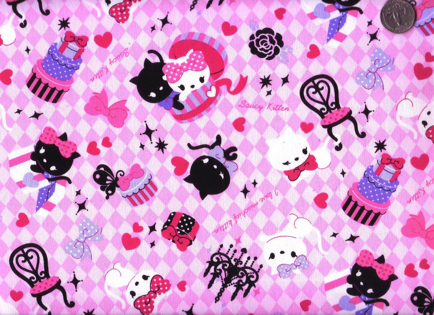 SALE Half Yard Japanese Cotton Fabric Black White Cats Gift Chair Chandelier Pink or Blue